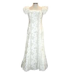 Vintage 80s Hawaiian XL Off the Shoulder Maxi Dress Floral Wedding Ivory White